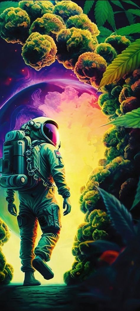 Astronaut's space walk on planet Hemp surrounded by Giant leags & Buds in Trippy-Neon-ish-Fluor colors cropped mobile wallpaper 1080x2400 Space Walk Astronaut, Iphone Wallpaper Astronaut, Trippy Astronaut, Hemp Wallpaper, Planet Hemp, Space Walk, Astronaut Wallpaper, Space Boy, Galaxy Background