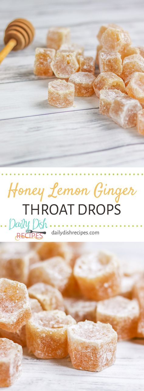 Spring cold? Sore throat? Cough that won't go away? These Homemade Honey Lemon Ginger Throat Drops are incredibly soothing, taste wonderful and when you're feeling better, drop the leftovers in your hot tea to sweeten it. Delicious to the last drop. Honey Drops Sore Throat, Ginger Honey Cough Drops, Homemade Sore Throat Drops, Honey Drops For Tea, Things To Make With Honey, Ginger Drops, Honey Sweets, Honey Ideas, Honey Candy