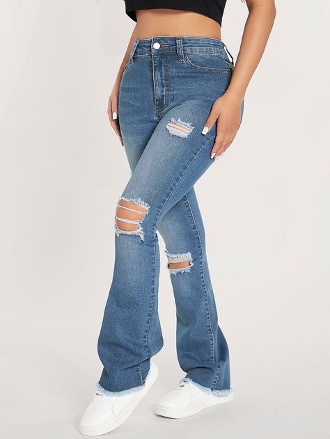 Cute Ripped Bootcut Jeans, Cheap Ripped Cotton Flare Jeans, Cheap Ripped Flare Jeans, Ripped Bootcut Jeans, Cute Ripped Boot Cut Jeans, High Rise Ripped Blue Flare Jeans, Cute Ripped Jeans, High Waisted Flare Jeans, Light Wash Denim