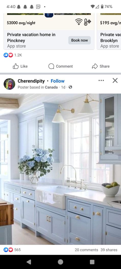 Blue White Kitchens, Purple Kitchen, Beach House Interior Design, Blue Cabinets, French Country Kitchen, Beach House Interior, Kids Wall Decor, House Design Kitchen, Blue Kitchen