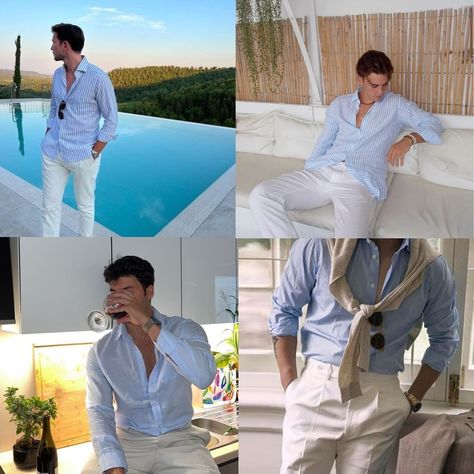 Leave your thoughts on this color scheme below⬇️⬇️ A solid one for the summer aesthetic, but it looks good for nearly all occasions🔥 All image credit to the original creators, these photos are not my own #mensfashion #menstyle #colorscheme Mamma Mia Aesthetic Outfits, Mamma Mia Outfits, Party Outfits For Men, White Outfit Men, Blue White Outfit, The Summer Aesthetic, Mamma Mia Aesthetic, Mamma Mia Party, Mia Outfits