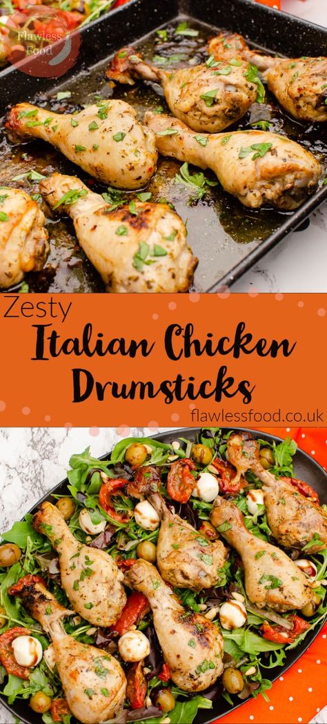 Zesty Italian Chicken Drumsticks are a delicious dinner recipe idea.  Mess-free, lemon, garlic, olive oil and Italian seasoning marinade mixed together with chicken legs in a food bag.  Shown here oven-baked but can also be done in an Air Fryer or equally great for a Summer BBQ. Italian Chicken Legs In The Oven, Marinade For Chicken Legs Ovens, Italian Drumstick Chicken Recipes, Italian Chicken Leg Recipes, Chicken Drumsticks Oven, Italian Marinade For Chicken, Zesty Italian Chicken, Delish Dinners, Chicken Italian