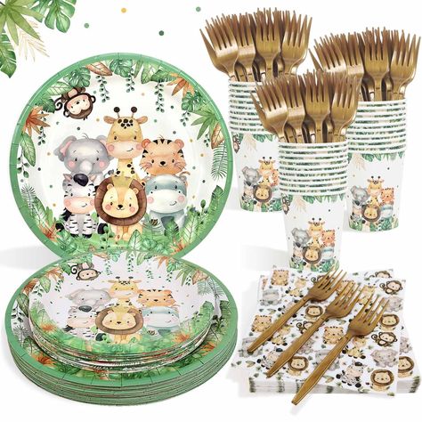 PRICES MAY VARY. JUNGLE SAFARI DESIGN: Our tableware set is designed with cute safari animals and greenery leaves,which decorates table adorable and vibrant to welcome guests. Come on! Use this plate set to hold a specially jungle safari theme party ONE SERVES 25 GUEST: In one set,each item is 25pcs, includes 9” dinner plates +7”dessert plates + napkins + 9oz cups+ straws, totally 125pieces. Perfect for various occasions, from boy baby shower decorations,kids zoo birthday party supplies,wild one Sage Green Plates, Safari Party Decorations, Baby Shower Plates, Zoo Birthday Party, Jungle Party Decorations, Jungle Theme Parties, Birthday Decorations Kids, Safari Theme Party, Wild One Birthday Party