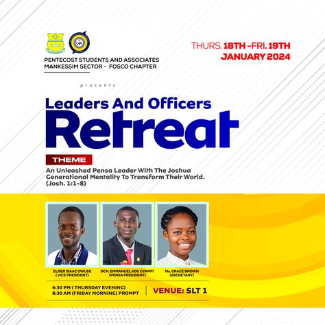 Leaders and officers retreat flyer designed by Oppomence graphics, contact us on 0247369275 Retreat Flyer Design, Retreat Flyer, Retreat Themes, Flyer Design Layout, Church Graphic Design, Self Confidence Tips, Confidence Tips, Design Layout, Self Confidence