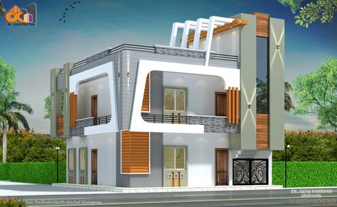 Corner elevation Corner Site Elevation, Corner Elevation Designs For House, North West Corner House Elevation, Corner Home Elevation Design, South East Corner House Elevation, North East Corner House Elevation, Corner Balcony Elevation Design, Corner Elevation Design Modern, Corner Plot Elevation Design