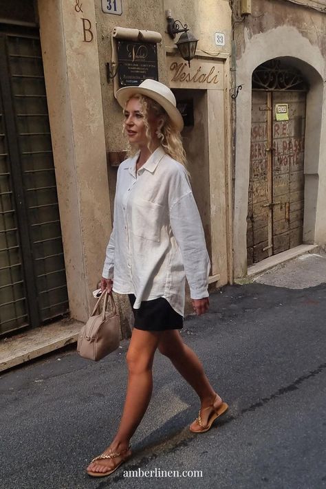 Comfy linen outfit for a day out featuring white linen shirt and black linen shorts. Black Linen Shorts, Linen Nightgown, Button Down Style, Perfect Capsule Wardrobe, Linen Outfit, Oversized Linen Shirt, White Linen Shirt, Linen Fashion, Linen Suits