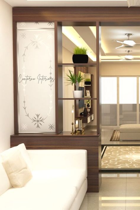 Particians For Living Room, Glass And Wood Partition, Wood And Glass Partition, Partition Between Living And Dining, Wooden Panel Design, Glass Partition Designs, Wood Partition, Partition Ideas, Wall Partition Design