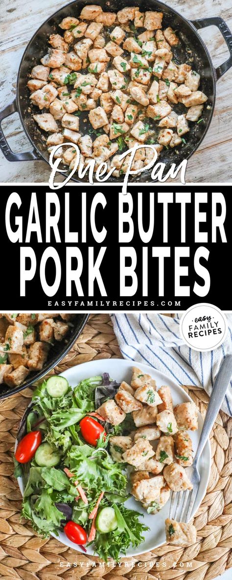 You’ll be amazed at how quick this recipe is! My kids LOVE these garlic butter pork bites because they’re tender, juicy, and perfectly bite-sized! It starts with pork chops that are cubed and seasoned then cooked and tossed in a yummy pan sauce made with garlic, butter, and lemon. It’s a 20 minute meal for busy families that everyone will adore. When you need a fast dinner idea for kids this is the best way to get delicious pork chops on the table that is fun, new, and completely stress free. Garlic Pork Chop Bites, Quick And Easy Pork Chop Recipes, Garlic Butter Pork Chop Bites, Garlic Pork Bites, Garlic Butter Pork Bites, Dinner Idea For Kids, Pork Chop Bites, Recipes With Pork Chunks, Cubed Pork Recipes