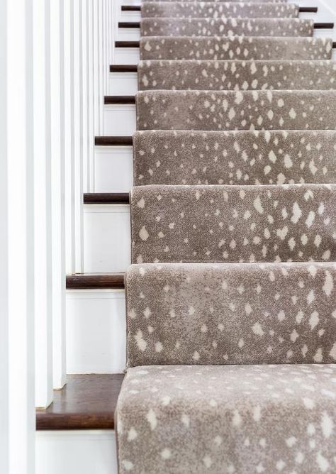 A gray animal print stair runner accents a white staircase boasting stained wood treads and white spindles. Staircase Styling Ideas, Animal Print Stair Carpet, Hallway Runners Ideas Entrance Halls, Animal Print Carpet On Stairs, Transitional Stair Runner, Animal Print Carpet, Carpeted Stairs, Stairs Runner, Carpet Diy