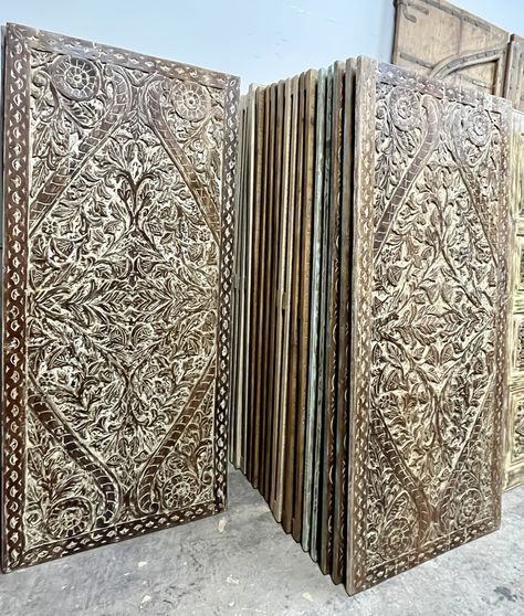 Vintage carved lotus garden doors, #homeimprovements #luxuryhomedecor #bathroomdecor #walldecor #pantrydesign #homedecor #freeshipping #vintagedecor #homedesign #homeinspiration #homesweethome #vintagehome #bohodecor #Rusticfarmhouse #farmhouseinteriors #luxuryhomedesign #nyinteriordesign #nashvilleinteriors #palmbeachinteriors #atlantainteriordesign #interiordesign #interiordesigner #barndoors #mogulinterior Wood Double Doors, Carved Door, Unique Headboards, Southern Cottage, Popular Interior Design, Boho Style Decor, Hindu Statues, Door Sliding, Lotus Pond