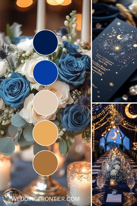 Celestial wedding theme ideas for a mystical, starry ambiance. Blue And Gold Wedding Color Palette, Turquoise And Yellow Wedding Theme, Starry Night Prom Table Decor, Wedding Colors Midnight Blue, Navy Blue And Gold Wedding Theme Ideas, Harry Potter Wedding Color Schemes, Wedding Blue Gold White, Throne Of Glass Wedding Theme, Dark Blue Gold Wedding