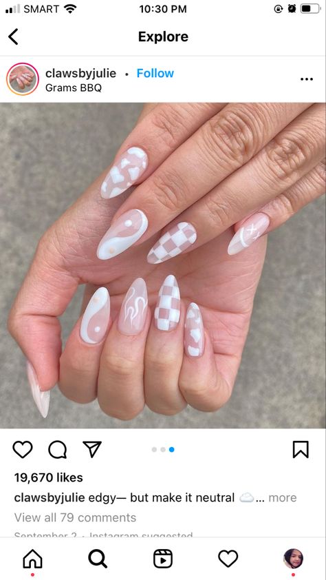 Classy Colorful Nails, Minimalist Neutral Nails, Funky White Nails, Opposite Nails On Each Hand, White Funky Nails, Almond Gel Nail Designs For Summer, Nails Art Easy, Nail Art Tips, Trendy Nail Art Designs