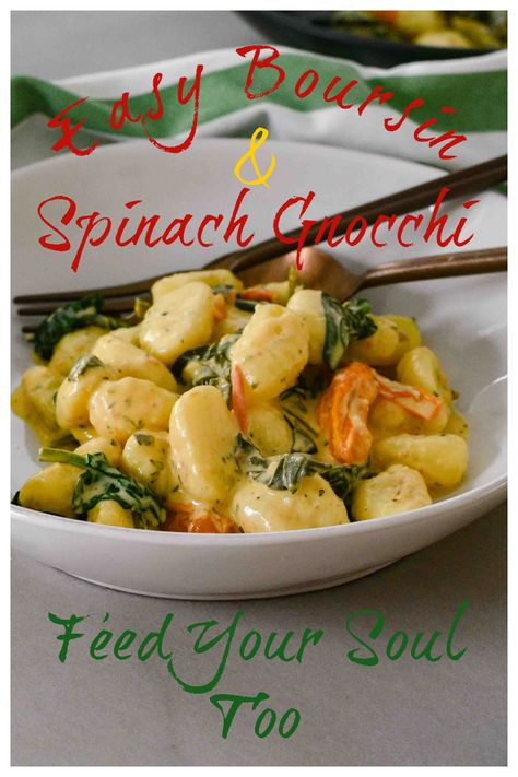 Easy Boursin & Spinach Gnocchi - Feed Your Soul Too Boursin Cheese Gnocchi, Boursin Spinach, Baked Goat Cheese Pasta, Gluten Free Orzo, Spinach Gnocchi, Gnocchi Pasta, Baked Goat Cheese, Goat Cheese Pasta, Baked Gnocchi