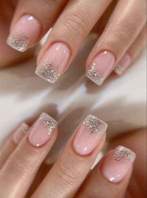 Acrylic Nails Glitter Fade, Glitter Nail Extension Designs, Glitter Tip Square Nails, Short Ombre Nails Square With Glitter, Cocktail Party Nails Classy, Bridal Glitter Nails, Falling Glitter Nails, Nails With Sparkles Accent, Nye Nails Square