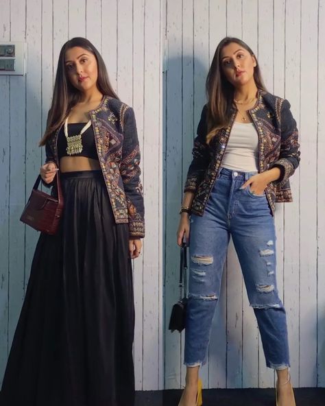 Farheen Panjwani on Instagram: “Skirt or Denims? What do you prefer wearing for Navratri?  Left Look: Jacket @labelritukumar Bag @wearerheson Skirt: Stitched Necklace:…” Navratri Jacket Outfit, Farheen Panjwani, Navratri Jacket, Styling Videos, Bag Zara, Denim Jacket Outfit, What Do, Boho Denim, Do You