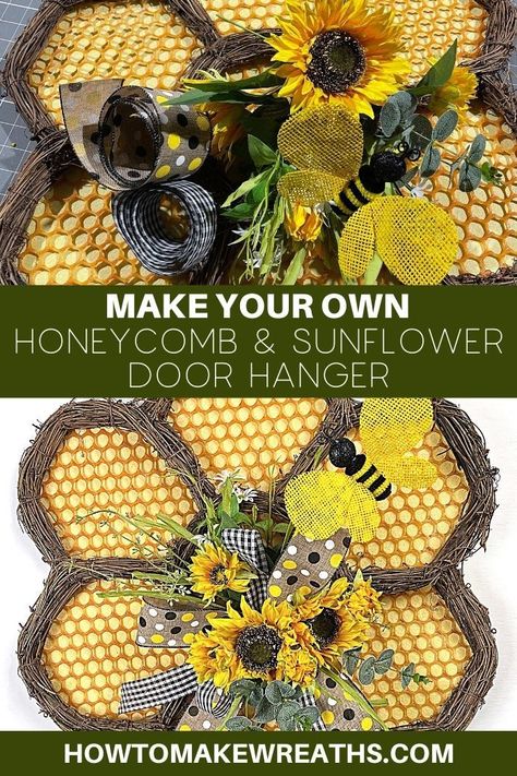 Making Honeycomb, Bee Hives Diy, Bee Hive Craft, Diy Honeycomb, Sunflower Door Hanger, Sunflower Door, Sunflower Crafts, Honey Bee Decor, Summer Door Hanger