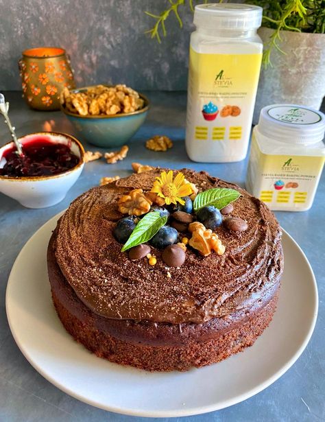 Eggless Sugar-Free Chocolate Walnut Cake - Loveandflourbypooja Stevia Cake, Chocolate Walnut Cake, Sugar Free Cake Recipes, Sugar Free Chocolate Cake, Chocolate Loaf Cake, Healthy Chocolate Cake, Chocolate Brownie Cake, Eggless Chocolate Cake, Eggless Cake Recipe