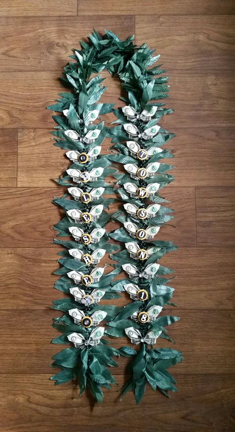 Black & gold, butterfly fold, double ti leaf money lei Lei Diy, Candy Leis, Money Lei Diy, Maile Lei, Ti Leaf, Money Creation, Lei Making, Money Leis, Candy Lei