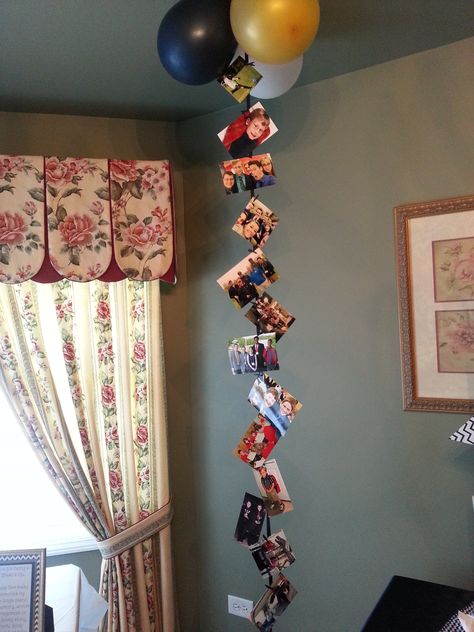 Graduation Decoration. Use Super Glue to attach a six foot long piece of ribbon… Picture Hanging Ideas For Party, Pictures On Balloon Strings, Balloon Pictures Hanging, Photos Hanging From Balloons, Pictures Hanging From Balloons, Balloons With Pictures Attached, Birthday Picture Wall, Diploma Wall, Balloons With Pictures