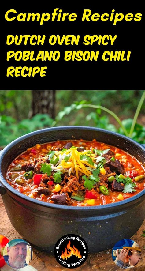 Dutch Oven Spicy Poblano Bison Chili Recipe Bison Chili Recipe, Dutch Oven Chili Recipe, Bison Chili, Bison Recipes, Ground Bison, Bison Meat, Recipes Steak, Chili Spices, Poblano Peppers