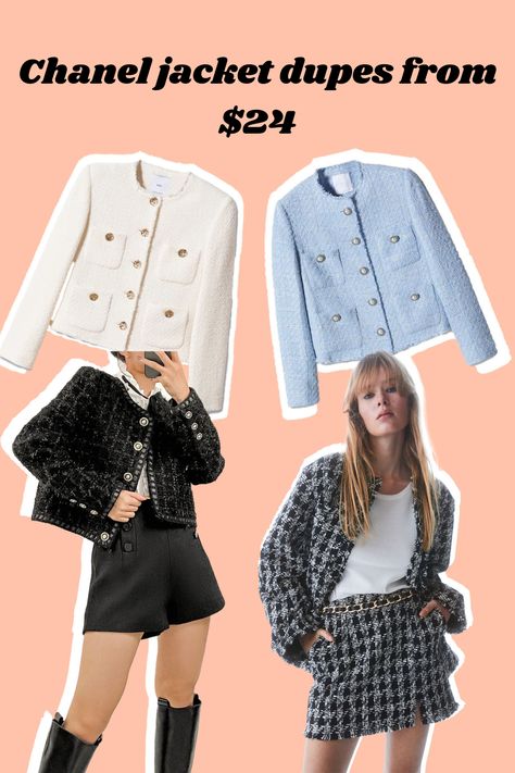 Chanel tweed jacket dupes Chanel Inspired Tweed Jacket, Mango Tweed Jacket, Chanel Tweed Jacket Outfit, Chanel Jacket Outfit, Zara Tweed Jacket, Chanel Clothes, Tweed Clothing, Tweed Jacket Outfit, Chanel Blazer