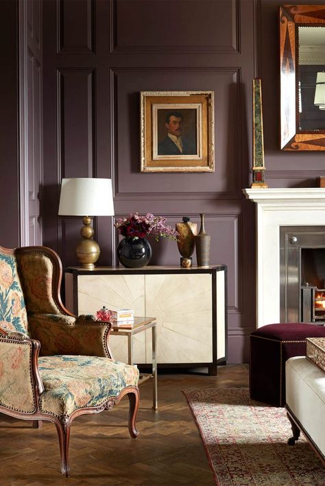 Wimbledon Country Home - Studio Indigo | Luxury Interior Designers & Architects | London Plum Color Accent Wall, Expressive Plum Bedroom, Purple Wall Living Room, Burgundy Rooms, Burgundy Interior Design, Plum Wall Color, Living Room With Color, Plum Living Room, Indigo Interior