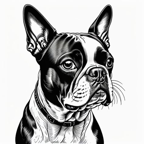 Boston Terrier Boston Terrier Drawing, Boston Terrier Illustration, Grayscale Image, Pen Drawings, Charcoal Sketch, Face Illustration, Black And White Dog, White Dog, Dog Tattoo