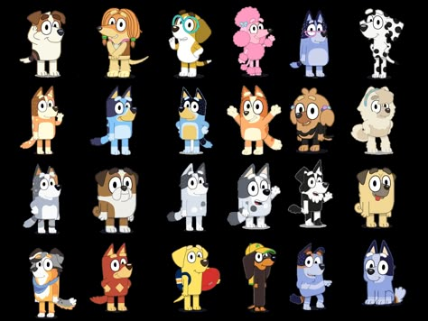 Personajes de Bluey - El Taller de Hector Printable Bluey Characters, Bluey Characters Png, Bluey Cartoon Characters, All Bluey Characters, Bluey Stickers Printable, Bluey And Friends, Bluey Disney Jr, Blue Y Bingo, Bluey Friends