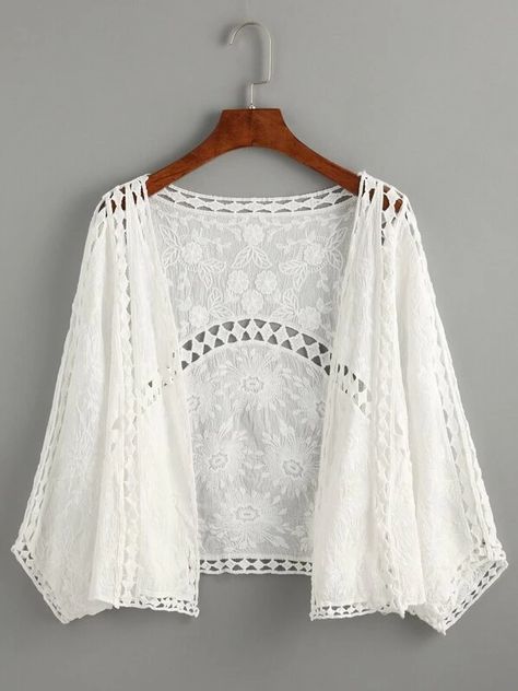 White Bat Sleeve Embroidered Hollow Out Top | SHEIN USA Outer Outfit Korean, Outer Outfit, Hollow Out Top, White Shrug, Mode Kimono, Embroidered Kimono, Iranian Women Fashion, Mode Boho, Bat Sleeve