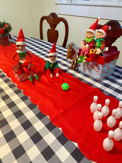 Elf on the shelf bowling Elf Bowling Ideas, Elf On The Shelf Baseball, Elf On The Shelf Bowling, Elf On The Shelf Magnatiles, Elf Bowling, Shelf Inspiration, Awesome Elf On The Shelf Ideas, Elf Fun, Christmas Themes Decorations