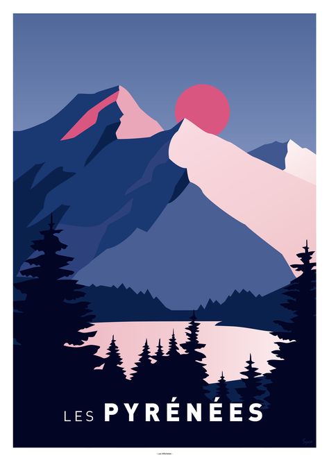 Affiche représentant la chaîne de montagnes des Pyrénées Mountain Poster Design, Lisa Fit, Mountains Illustration, Art Mini Toile, Illustration Landscape, Mountain Illustration, 타이포그래피 포스터 디자인, 카드 디자인, Art Et Illustration