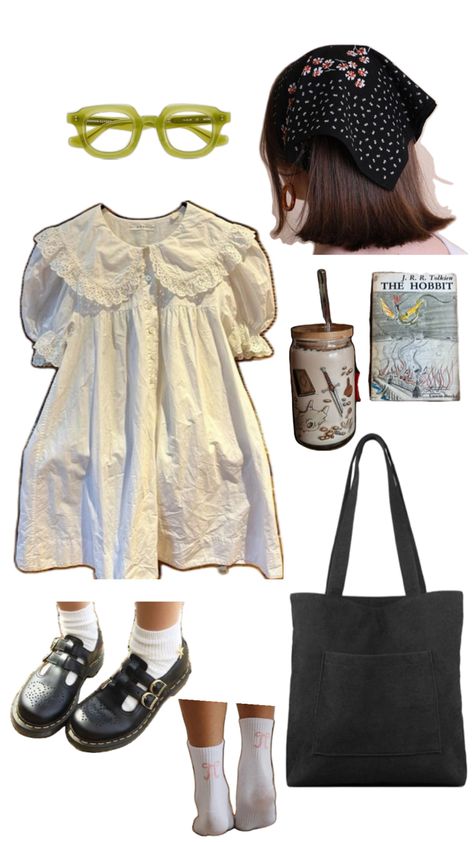 Frilly dress with doc martens Mary Jane’s, black corduroy tote, floral head scarf, and green glasses Styling Doc Martens Winter, Dress With Doc Martens, Dr Martens Mary Jane Outfit, Doc Martens Mary Janes Outfit, How To Style Doc Martens, Cottagecore Fits, Doc Martens Mary Janes, Mary Jane Outfit, Mary Janes Outfit