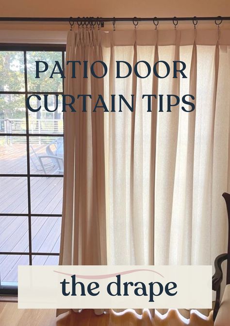 Custom curtains are the best option for a patio door. Here are our tips for choosing fabrics and styling help. Shown here is the cotton canvas, color natural, style pinch pleat. Best Curtains For Sliding Glass Door, Curtains For Back Sliding Door, Farmhouse Patio Door Curtains, Curtains Sliding Glass Door Kitchen, Motorized Patio Door Shades, Patio Sliding Door Curtains, Patio Sliding Door Window Treatments Sliders, Curtains For Back Door With Window, Curtains With Sliding Glass Door