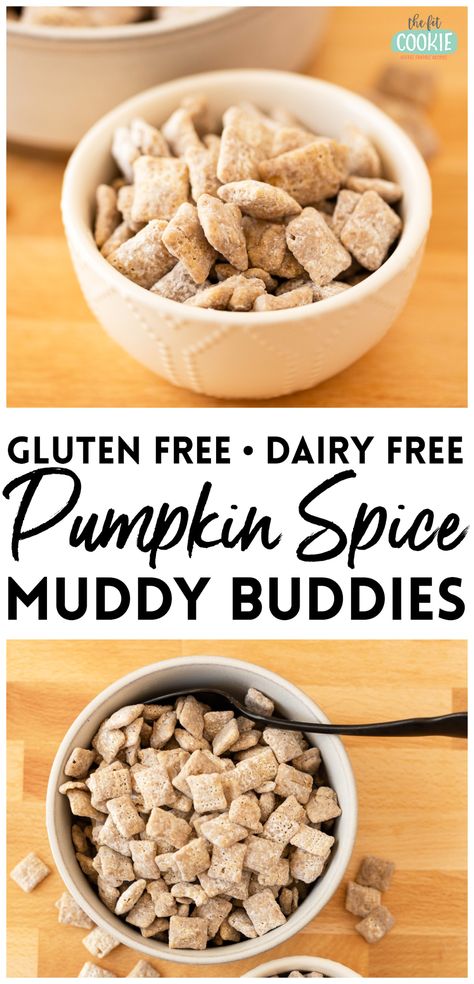 If you love all things pumpkin spice in the fall, our allergy friendly Pumpkin Spice Muddy Buddies are for you! Our fall-inspired puppy chow recipe is made with white chocolate and pumpkin spice, and it's completely dairy free, peanut free, gluten free, and vegan. | thefitcookie.com #dairyfree #peanutfree Original Puppy Chow Recipe, Gluten Free Halloween Treats, Gluten Free Halloween Food, Dairy Free White Chocolate, Puppy Chow Recipe, Dessert Dip Recipes, Gluten Free Pumpkin Spice, Gluten Free Holiday Recipes, Gluten Free Halloween