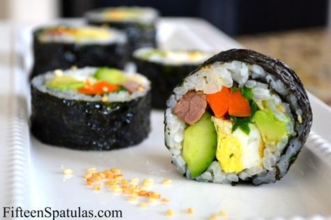 Asian marinated meat recipe Kim Bap, Korean Kimbap, Rice Rolls, Korean Rice, Vegan Sushi, Bulgogi Beef, Sushi Rolls, Spatulas, Asian Dishes