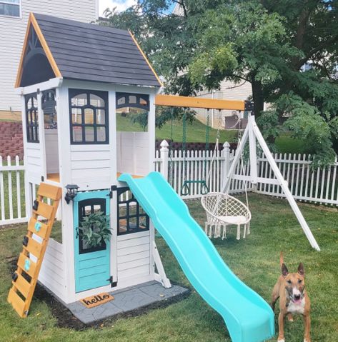 Time to play! 📸 @trgz DIY of our McKinley Swing Set Outdoor Play Set, Outdoor Playset Accessories Diy, Playground Makeover Play Sets, Diy Playset Outdoor Small Yard, Swing Set Makeover, Diy Swing Set, Swingset Transformation, Diy Outdoor Swingset Play Structures, Swingset Accessory Ideas