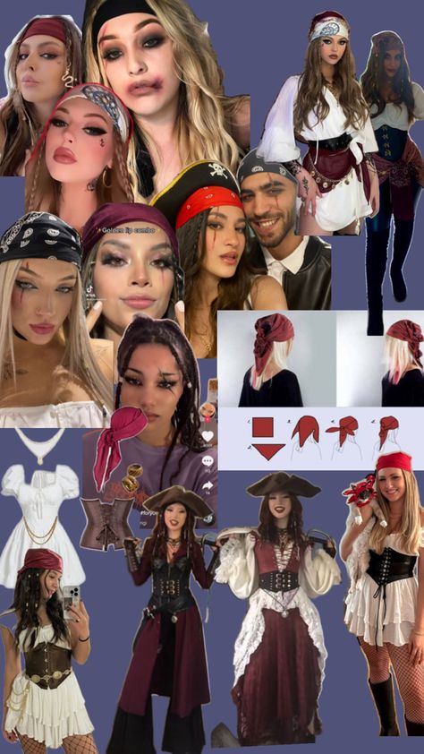 Pirates Pirate Couples Halloween Costume, Halloween Makeup Easy Pirate, Evil Pirate Costume, Pirates Costumes Female, Pirate Costume Jewelry, Pirates Outfit Ideas, Thrifted Pirate Costume, Easy Pirate Costume Women Diy, Halloween Outfits Pirate