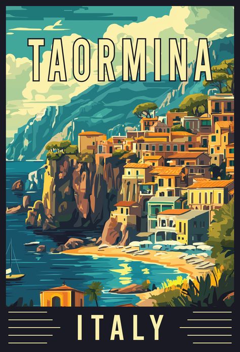 Experience the charm of Taormina, Italy, with this vintage travel art. Nestled on the Sicilian coast, Taormina is known for its stunning views of Mount Etna, ancient ruins, and picturesque Mediterranean landscape. Let this artwork inspire your next Italian escape to the breathtaking beauty of Taormina. 🌿🇮🇹 #TaorminaItaly #VintageTravelArt #SicilyTravel #MediterraneanCharm Italian Artwork, Taormina Italy, Italy Coast, Mediterranean Landscape, Sicily Travel, Italian Travel, Mount Etna, Viking Cruises Rivers, Travel Poster Design