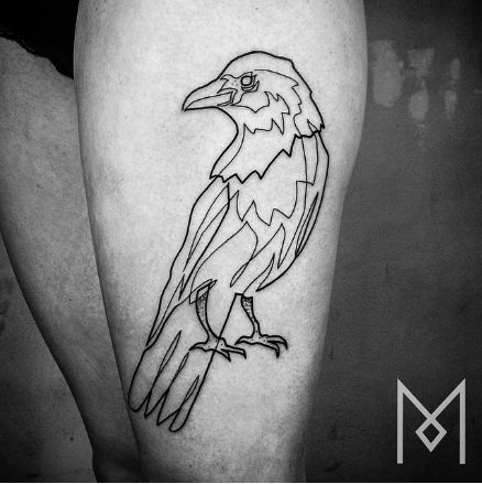 Raven Line Art Tattoo, Crow Line Tattoo, Raven Line Tattoo, Raven Line Art, Simple Raven Tattoo, Mo Ganji Tattoo, Continuous Line Tattoo, Rabe Tattoo, Mo Ganji