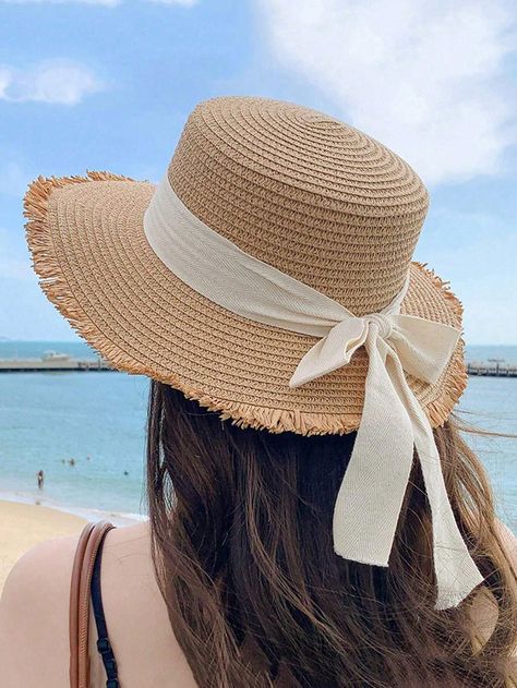 Bowknot Flat Top Sun Hat Women Outdoor Straw Hat Beige Boho   Paper     Women Accessories, size features are:Bust: ,Length: ,Sleeve Length: Sunhat Outfit, Drag Costume, Straw Hats For Women, Beige Boho, Straw Sun Hat, Fashion Vocabulary, Hat Women, Blonde Women, White Ribbon