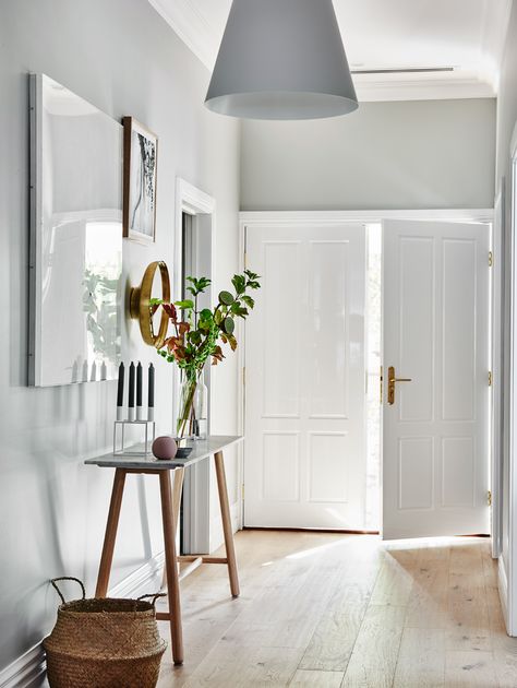 Brighten Dark Hallway, Scandinavian Entryway, Norsu Interiors, Grey Hallway, Bungalow Decor, White Hallway, Scandi Interiors, Hallway Inspiration, Doors Design