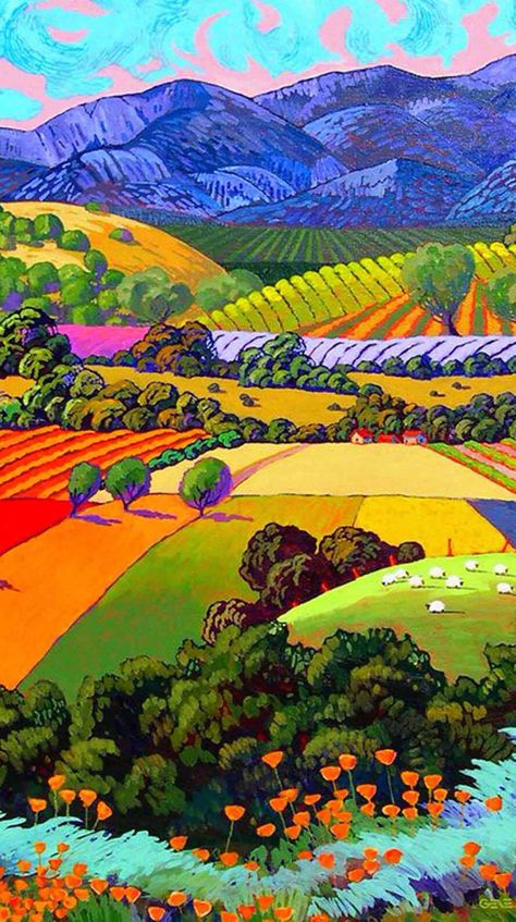 Whatcha think? Arte Naive, Landscape Quilts, California Wine, Southwest Art, David Hockney, 수채화 그림, Lukisan Cat Air, Naive Art, Rolling Hills