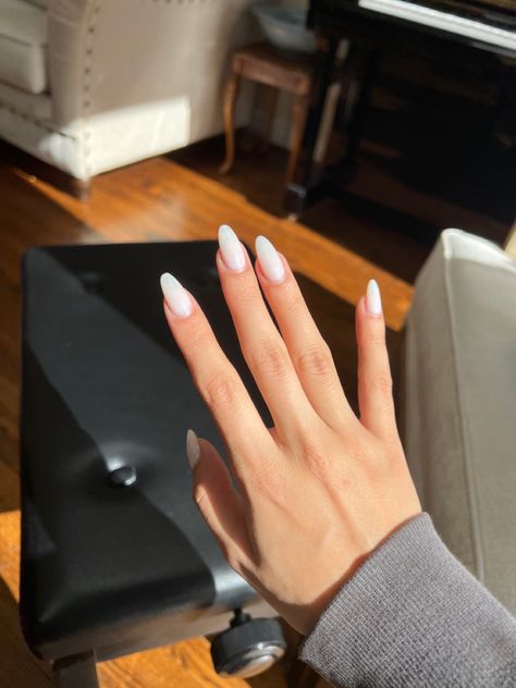 Funny bunny bio gel white almond shape nails White Sns Nails Almond, Funny Bunny Almond Shape Nails, White Medium Almond Nails, Milk White Acrylic Nails Almond, Almond Nails Marshmellow, Medium Almond White Nails, Long Oval White Nails, Egg Shaped Nails, Milky White Almond Shape Nails