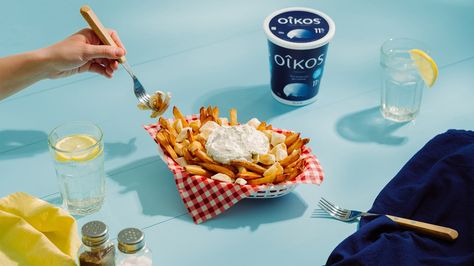 Poutziki | Oikos Canada Chocolate Yogurt Dip, Oikos Yogurt, Oikos Greek Yogurt, Yogurt Recipes Healthy, Crispy Oven Fries, Peanut Butter Protein Bars, Homemade Flatbread, Chocolate Yogurt, Blue Cheese Sauce