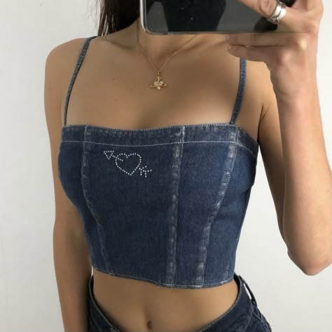 Diy Jean Top, Diy Denim Top, Denim Top Diy, Redesign Clothes Diy, Upcycled Denim Diy, Corset And Jeans, Ropa Upcycling, Denim Diy Clothes, Diy Fashion Scarf