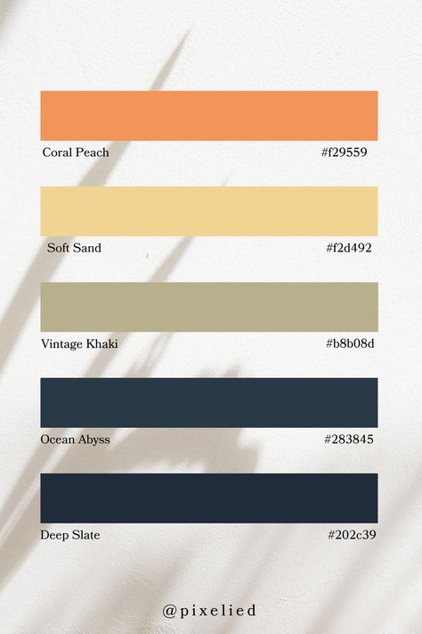 Blue Earth Tone Color Palette: Coral Peach offers a warm, vibrant touch reminiscent of sunset hues. Soft Sand brings a gentle, sandy beige perfect for a subtle, calming presence. Deep Slate adds a touch of sophistication with its dark, cool tones. Ocean Abyss introduces a deep, tranquil blue evoking the depths of the ocean, while Vintage Khaki provides an earthy, timeless khaki to round out the collection. Ocean Abyss, Color Palette Coral, Color Scheme Generator, Earth Colour Palette, Tone Color Palette, Earth Tone Color Palette, Color Generator, Dark Cool, Sunset Hues