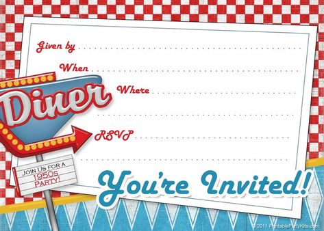 FREE Printable Retro 1950s Party Invitation Diner Logo, 50s Theme Parties, Sock Hop Party, 1950s Diner, Retro Invitation, Diner Party, Online Party Invitations, Dinner Party Invitations, Invitation Maker