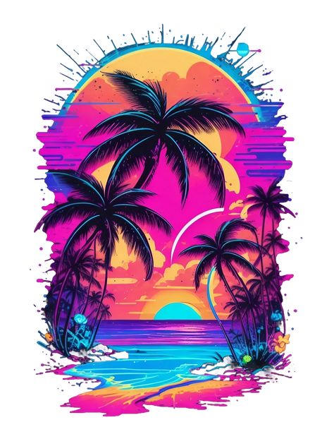 A digital art creation of a trippy neon sunset on a tropical beach Tropical Illustration Graphics, Kaos Pink, Vapor Art, Beach Sublimation, Neon Sunset, Sunset Canvas Painting, Beach Clipart, Tropical Illustration, Trippy Designs