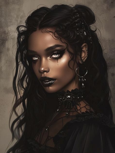 #aiart #goth #theblackravens Black Female Vampire Art, Vampire Aesthetic Black Woman, Black Vampire Woman, Vampire Black Woman, Black Female Vampire, Gothic Glam Makeup, Black Vampire Art, Black Vampire Aesthetic, Black Goth Aesthetic