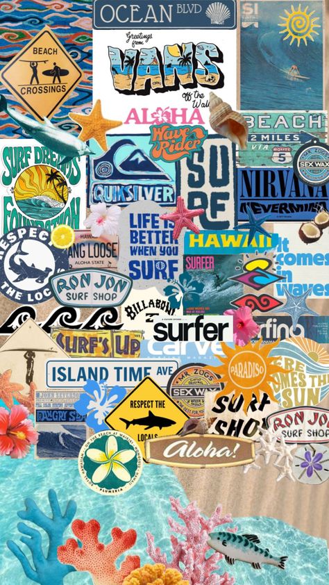 Surfing Wallpaper, Summer Prints Wallpaper, Surf Room, Beach Wall Collage, Surf Stickers, Wallpaper Beach, One Piece Tattoos, Cute Summer Wallpapers, Surf Poster